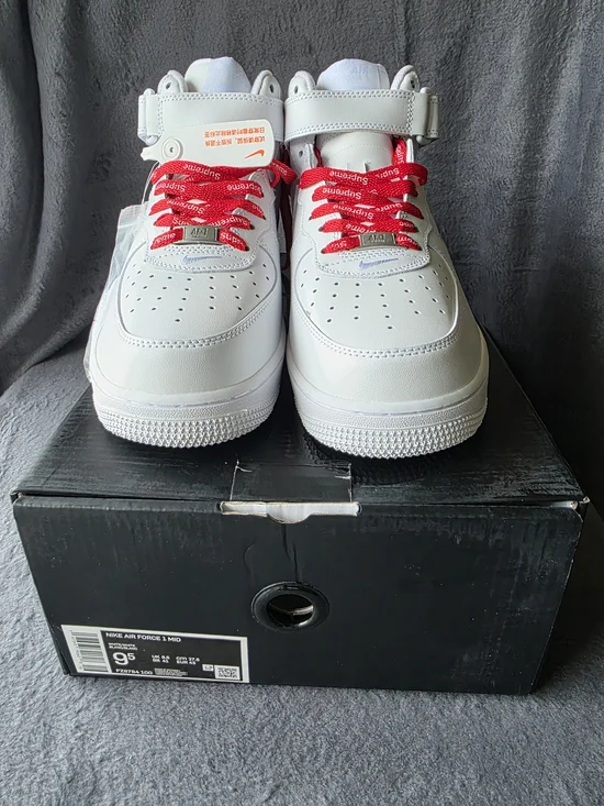 Nike White Air Force 1 High with Red Supreme Laces - Picture 5 of 16